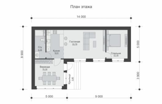 Одноэтажный гостевой дом с отделкой камнем, верандой и 1 cпальней.